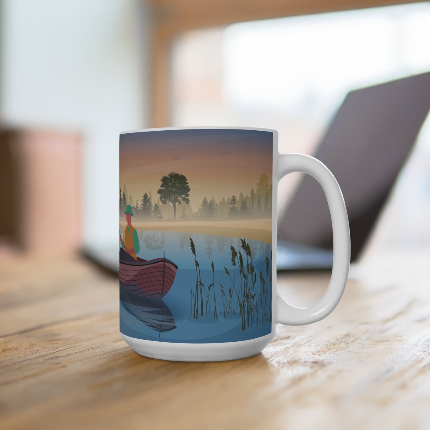 Nature-Inspired Fishing Mug, Beautiful Fishing Scene Coffee Cup for Outdoor Lovers, Ideal Gift for Anglers, Relaxing Morning Coffee