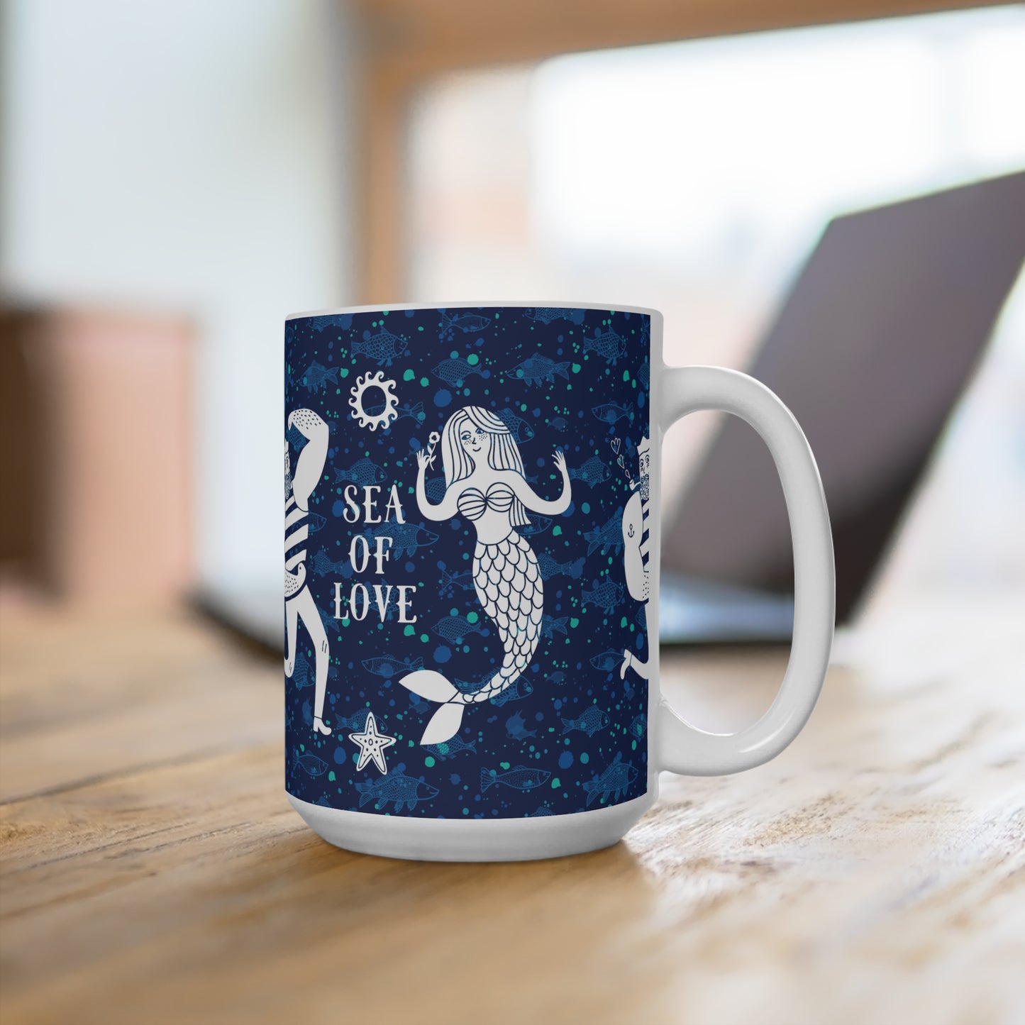 Ocean-Themed Mug, Sea of Love Mermaid & Sailor Design, Nautical Gift, Home Decor, Coffee Mug, Beach Lover's Cup