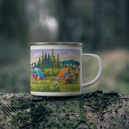 Cozy Campsite Enamel Mug - Outdoor Adventure Coffee Cup, Camping Gift, Hiker Accessory, Rustic Design, Nature Lover's Mug