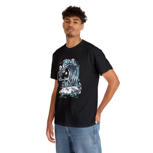 Skeleton catching waves- Heavy Cotton Tee Shirt