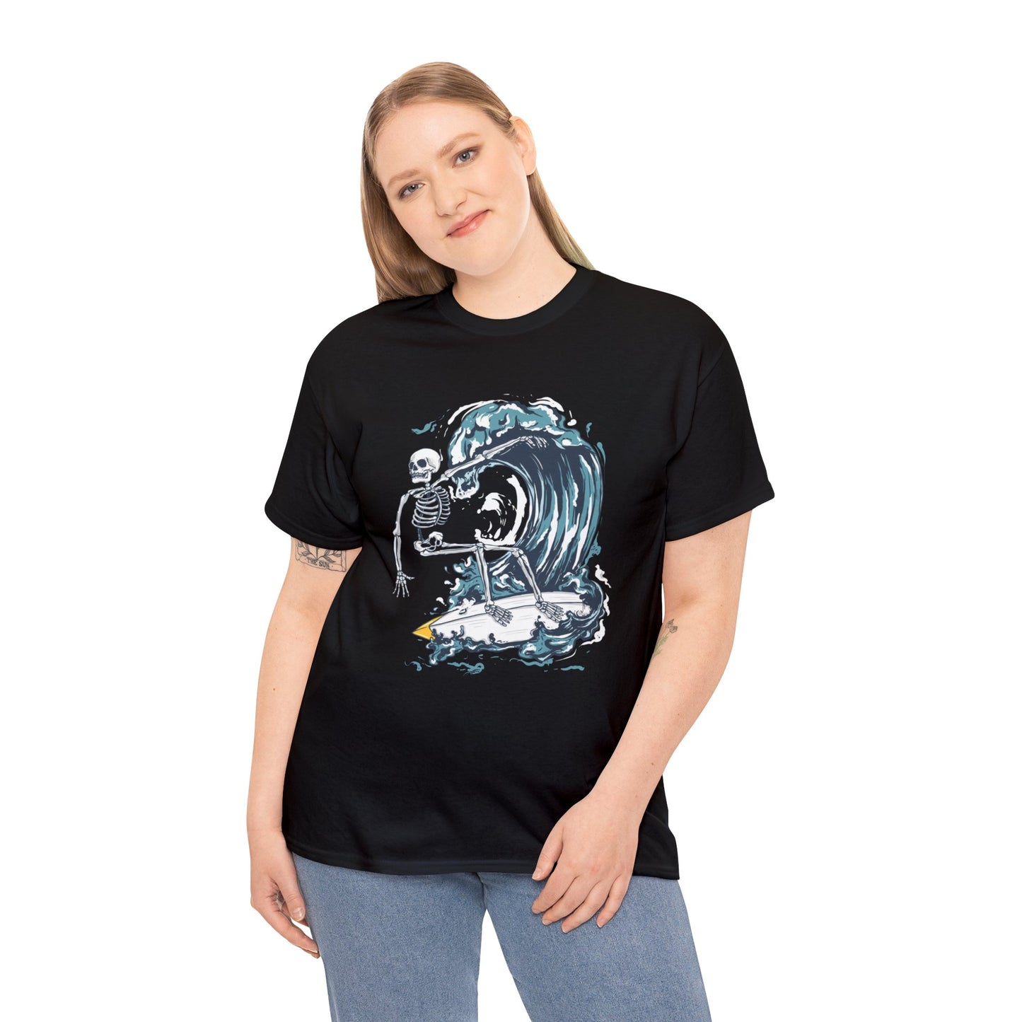 Skeleton catching waves- Heavy Cotton Tee Shirt